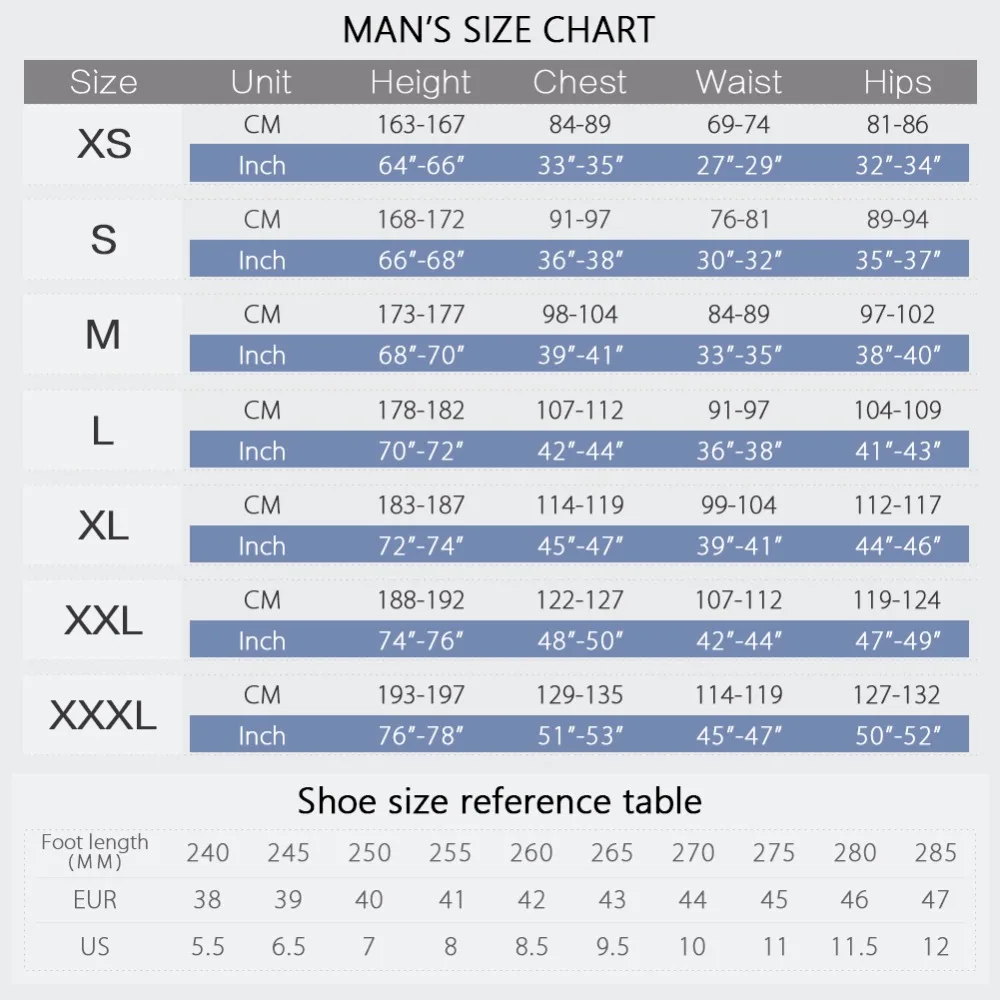 107美漫男衣服鞋子尺寸表