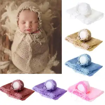 

Newborn photography props,lace wrap with matching hat,stretch super fluffy,baby soft blanket 37*127cm 2pcs/set Mohair Wrap