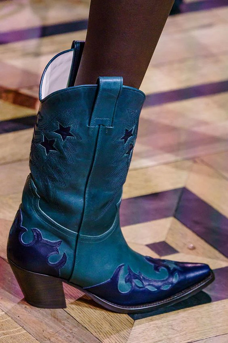 Buono Scarpe Western Women's Boots Embrodery Boots Cowboy Fretwork Retro Botas Fenimina Genuine Leather Stars Runway Women Boots