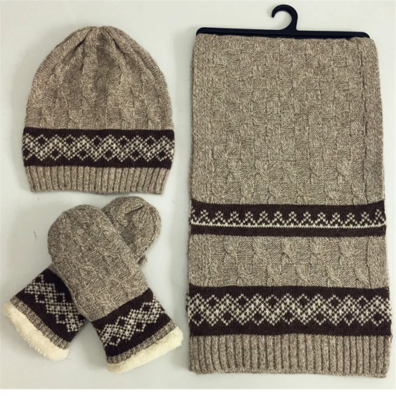 30% Wool 70% Acrylic Knitted Snowflake Pattern Unisex Winter Warm Hat Scarf Mittens Set Male Female Fashion Accessories 3pieces
