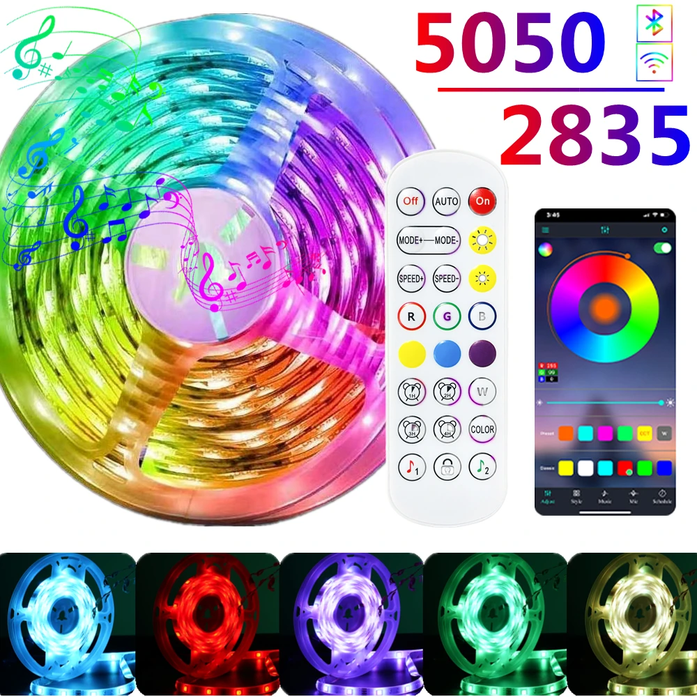 Tiras de Luces LED flexibles, resistentes al agua, RGB 5050, CC de 12V, Control por Bluetooth, Luces inteligentes para habitación, cocina, TV y jardín