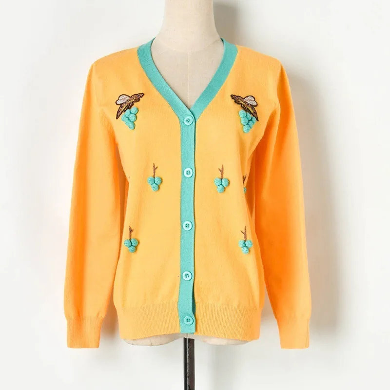 (Honeybee) cardigan Новое поступление, Осенний Женский вязаный кардиган с длинным рукавом и v-образным вырезом, украшенный разноцветными шариками для волос, Z92712 - Цвет: (Honeybee) cardigan