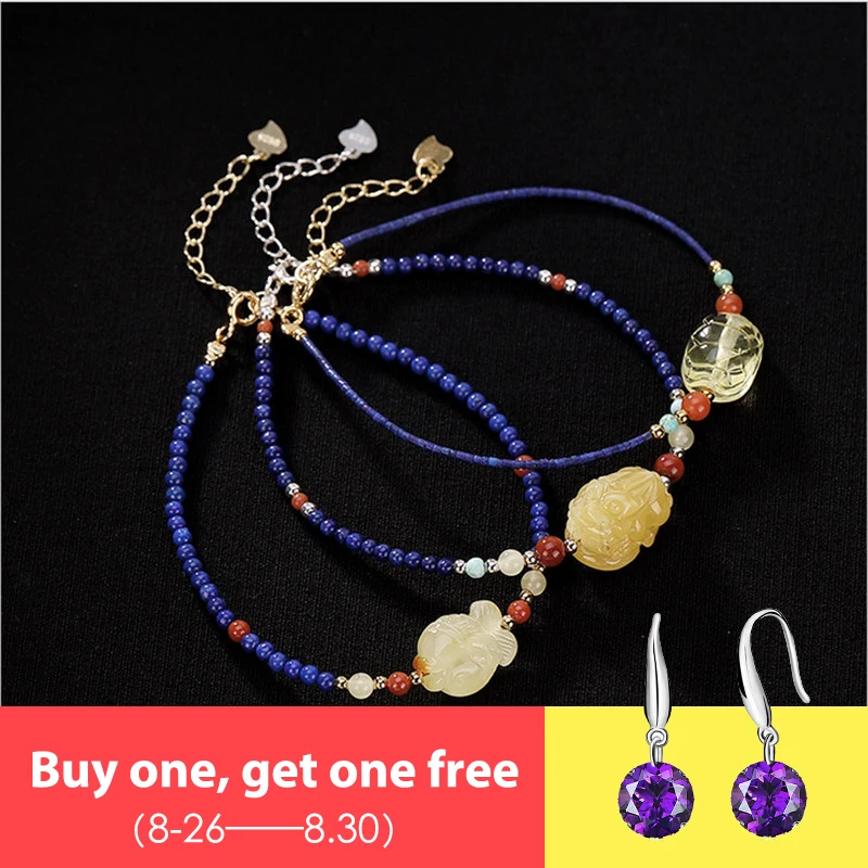 

Not Fake S925 sterling silver gemstone retro vintage authentic beads best quality belief religion Lapis Amber Bracelet