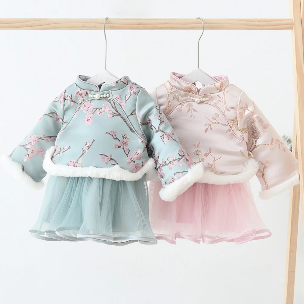 Halilo рождественское платье для маленьких девочек Цветочная вышивка в китайском стиле Новогодняя зимняя детская одежда платья для маленьких девочек на день рождения