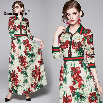 

Woman A-line Dress Long Sleeve Turn-down Collar Lace Up Dresses Office Lady Flower-Printed Single Brested Slim Women Long Dress