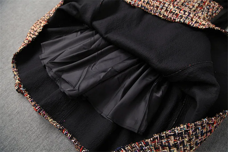 High Quality Runway Dress Spring Woman Clothes Long Sleeve Knitted Black Top and Retro Tweed Woolen Dress 2piece Sets