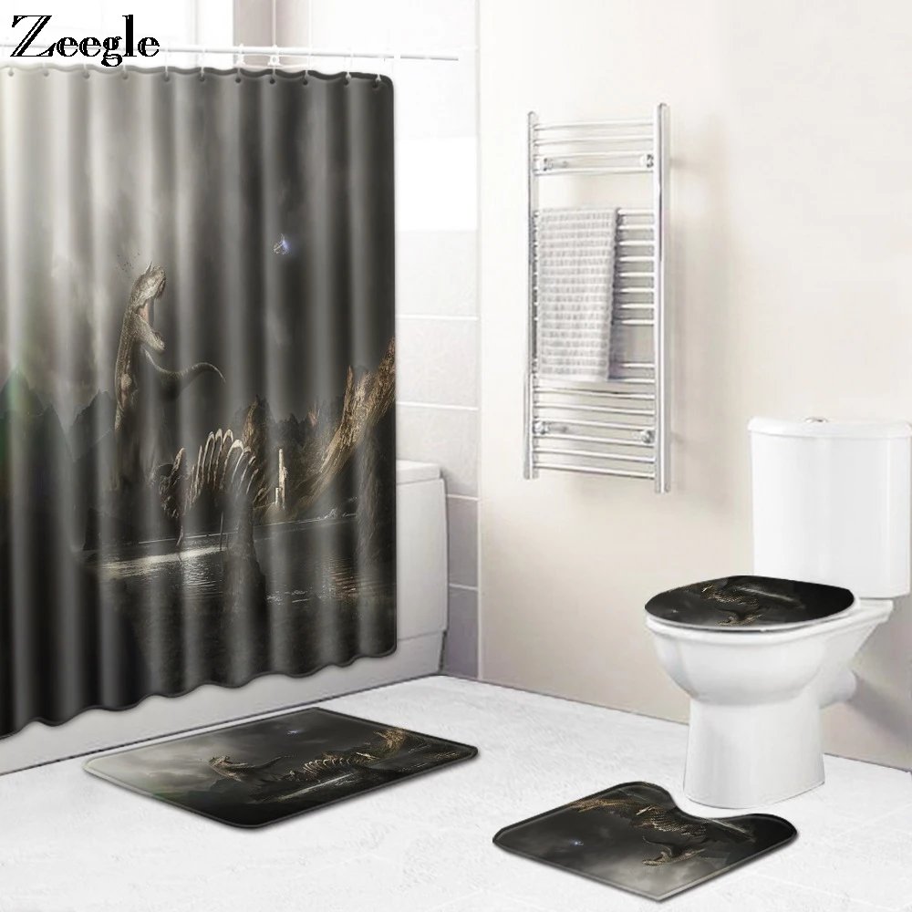 Zeegle 4pcs Bath Mat Set Anti Slip Toilet Seat Cover Mat Decoration Waterproof Shower Curtain Soft Toilet Pedestal Rug Foot Mat