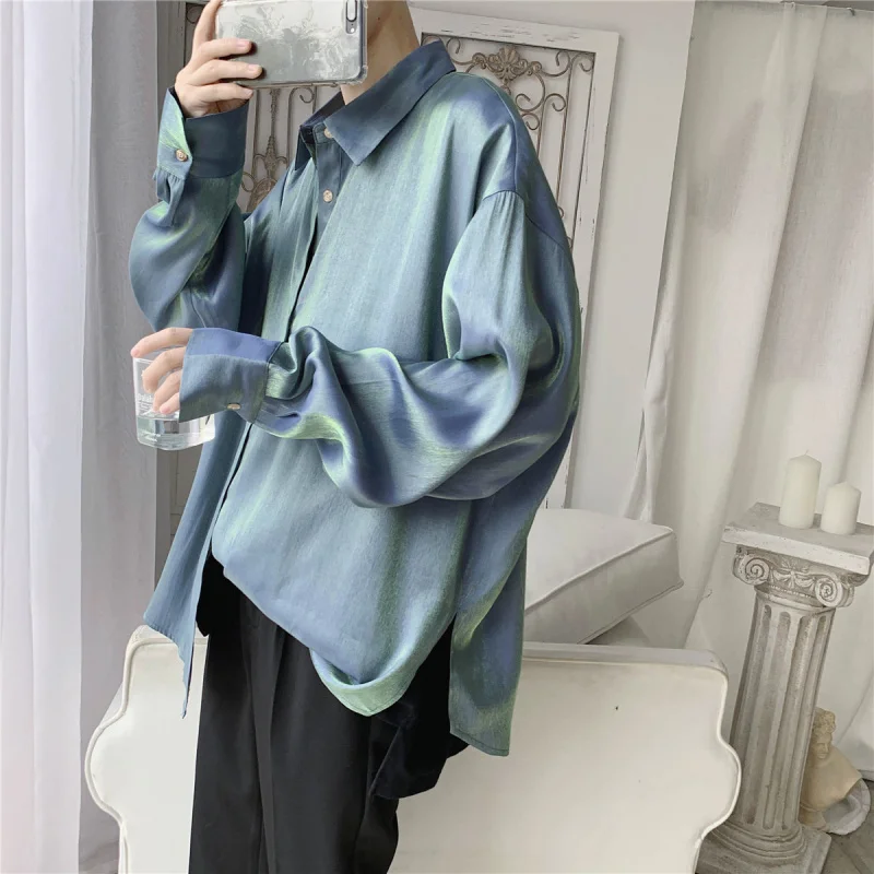 Men Fashion Lovers Holographic Silk Shirt Summer Sun Protection Cardigan Long Sleeve Reflective Loose Party Club Male Blouse