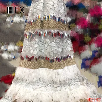 

HFX french lace fabric with feather tulle lace latest african lace 2020 African sequin lace fabric dress