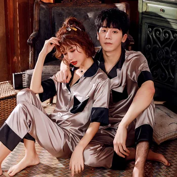 

Patchwork 2PCS Sleepwear Couple Pajamas Sets Satin Lovers' 2PCS Sleep Set Men&Women Pyjamas Suit Casual Loose Shirt&Pant