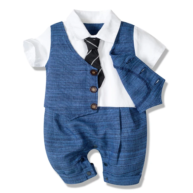 Baby Boy Clothes Summer Cotton Formal Romper Gentleman Tie Outfit Newborn One-Piece Clothing Handsome Button Jumpsuit Party Suit 2