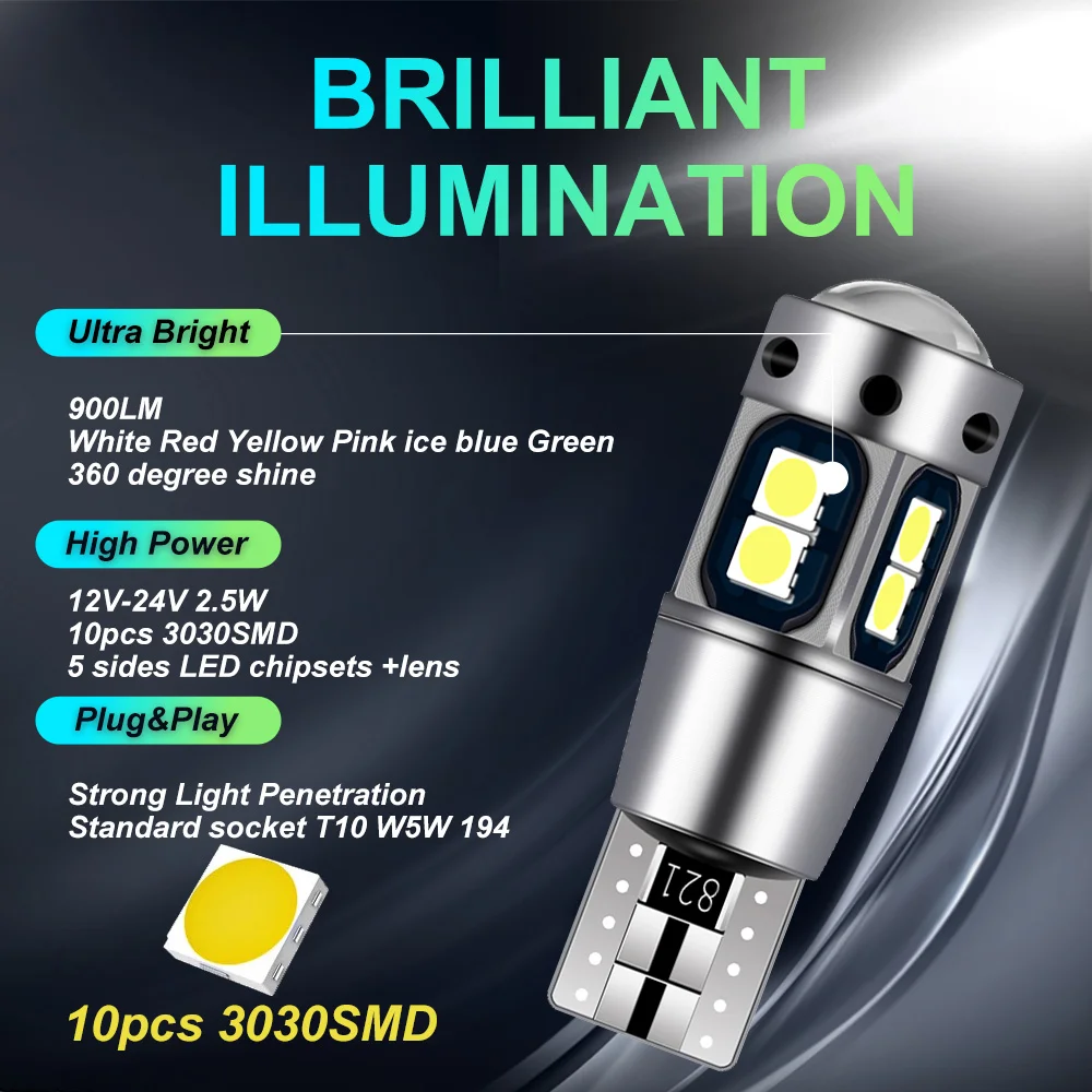 HOCOLO T10 LED Bulbs - Super Bright Canbus Error Free Wedge Lights For Car Interior & Exterior (Pack Of 5, 6000K White)