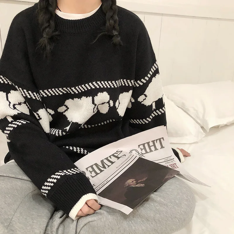 

Vintage Jacquard Sweaters Women Autumn Casual O-Neck Oversized Pullover Female Winter Streetwear Teen Knitwear Loose Warm Jumper