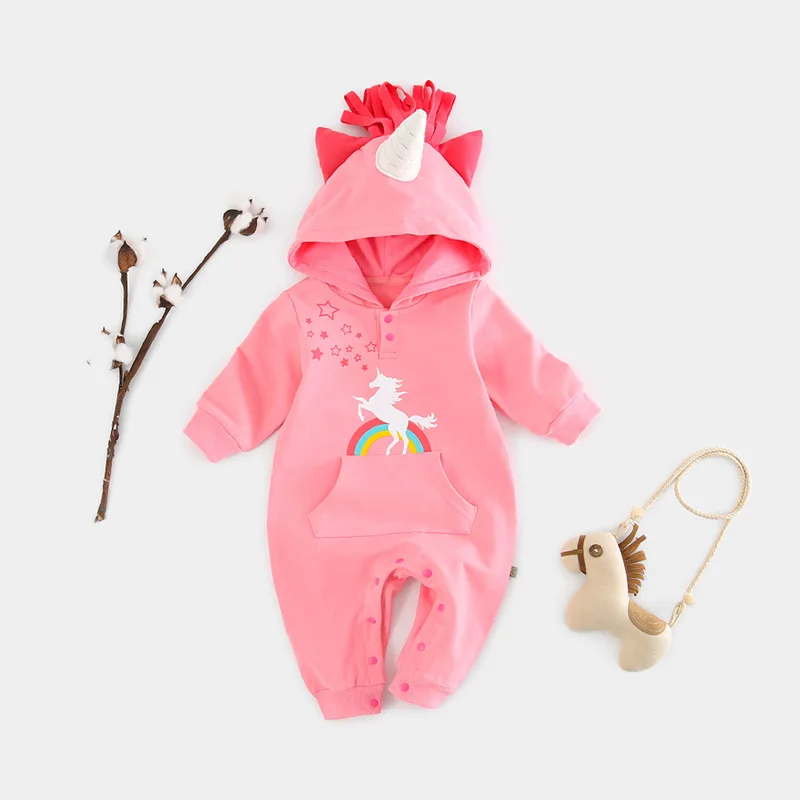 Ropmers/Модный Стильный теплый комбинезон с капюшоном и длинными рукавами для маленьких мальчиков и девочек; Одежда для новорожденных; комбинезоны с объемным единорогом