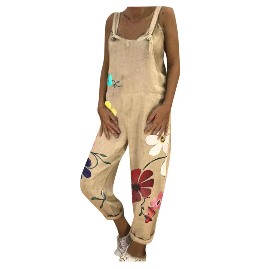 Mono informal holgado de lino para mujer, peto de mujer, mono Floral, monos transpirables de señora nueva