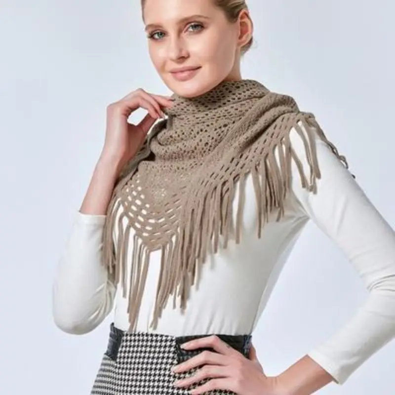 Fashion Solid Color Air Conditioning Warm Wool Knitted Shawl Women Winter Cold Cashmere Fringed Flower Hollow Triangle Scarf T78 6