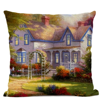 Художественная Картина маслом чехол для подушки американский кантри сад Пейзаж красивая сказка Европейский дом отель диван льняной чехол для подушки