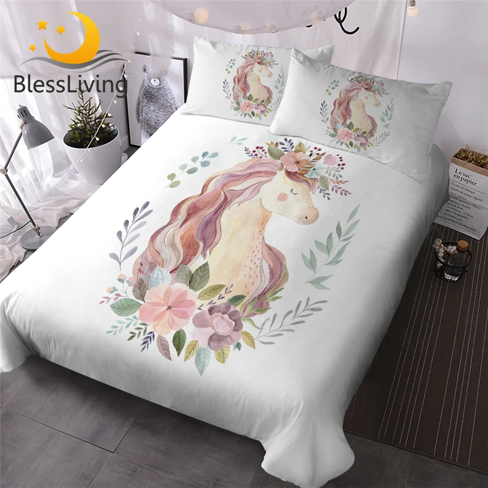 

BlessLiving Unicorn Bedding Set Watercolor Girls Duvet Cover Leaf Flowers Kids Cartoon Bedspread White Bed Set Queen 3-Piece