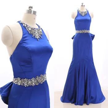 

MACloth Blue Mermaid Halter Floor-Length Long Crystal Satin Prom Dresses Dress M 265618 Clearance