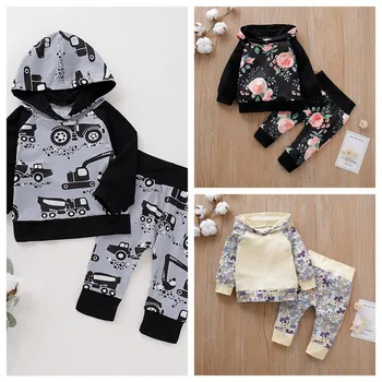 

Baby Clothes 2pcs Long Sleeve Cartoon Floral Print Hoodie Top and Pants Outfit Infant Clothing Set