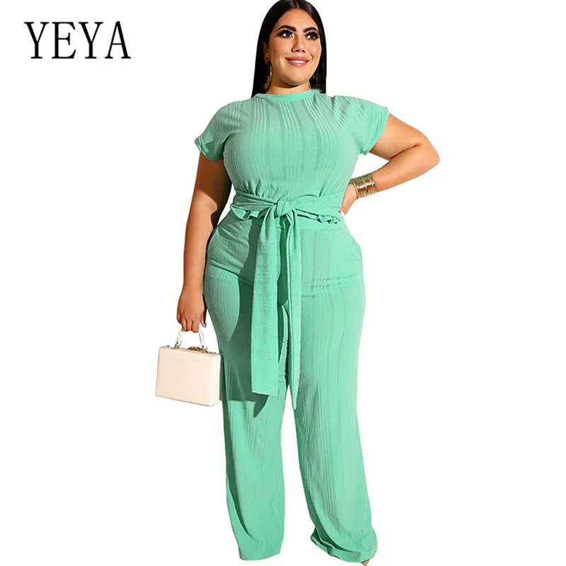 

YEYA Big Size 4XL 5XL Vintage Wide Leg Jumpsuit Two Pieces Sets Rompers Short Sleeve Women Playsuits Plus Size Casual Overalls