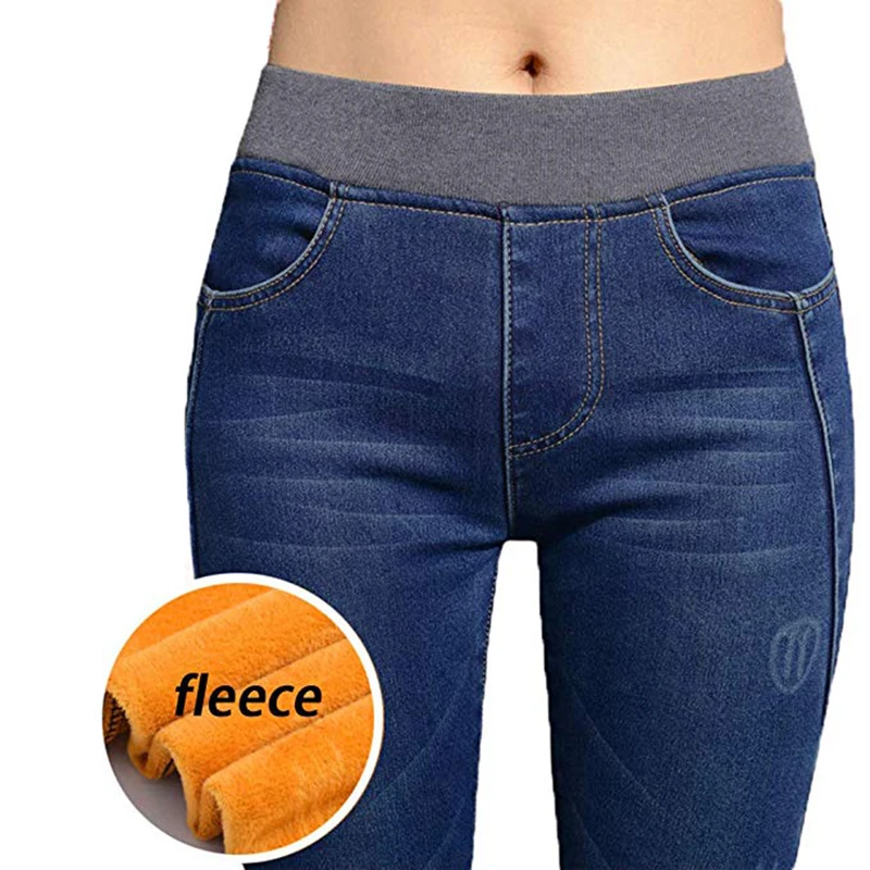 

2019 Winter Womens Jeans High Waist Skinny Pants Fleece Lined Elastic Waist Jeggings Casual Plus Size Jeans For Women Warm 26-40