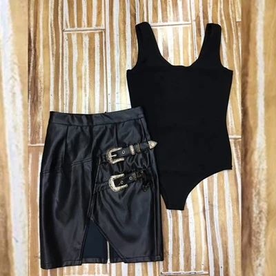bodysuit and skirt Модное Новое платье из 2 предметов без рукавов из искусственной кожи, сексуальное платье с разрезом, металлическим v-образным вырезом и открытой спиной, шикарная летняя Клубная одежда, вечерние платья знаменитостей - Цвет: bodysuit and skirt