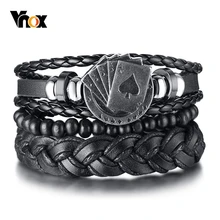 Vnox Mix 3-4 pièces/ensemble Bracelets en cuir écharpe tressée pour hommes femmes Vintage Poker breloque perles en bois Bracelets tribaux ethniques(China)