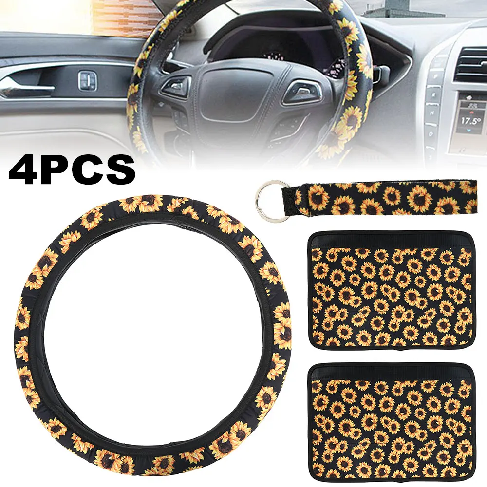 

4pcs/set Car Steering Wheel Cover Sunflower Floral Steering Covers Auto Non Slip Stretchy Neoprene Keychain Foot pad Car Styling