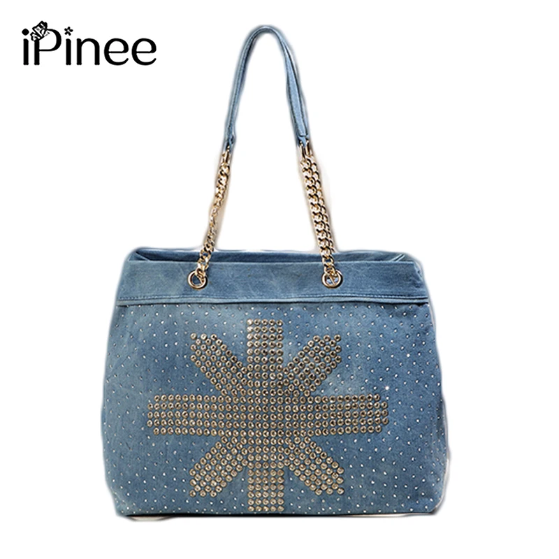 

iPinee Washed Denim Handbag Elegant Fashion Rivet Female Shoulder Bag Large Capacity Chain Casual Women Crossbody Bag