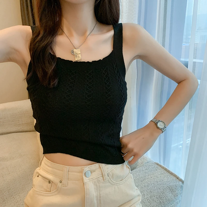 Solid Color Black and White Green Knit Camisole Top 2021 Summer Sleeveless Sexy Casual Camisole Top long camisole