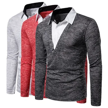 

Men Simple Long Sleeve Fake Two Pieces Blouse Shirt Collar Tops New Fashion Fake Two-piece Lapel Men's Tennis Shirts