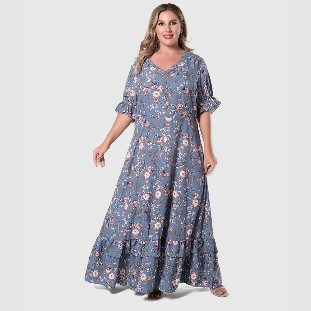 XL-4XL Plus Size Women Dress V-neck Ruffle Printed Modest Long Dress Elegant Robe African Dashiki Loose Abaya Vestido Party Gown