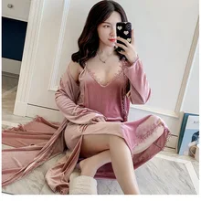 Велюровая ночная рубашка с длинным рукавом, женское кимоно, халат, 2 шт., пижама, осень-зима, повседневная домашняя одежда, сексуальная теплая домашняя одежда