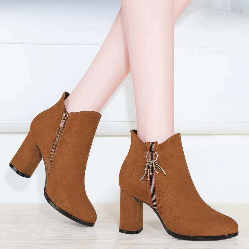 

2018 Autumn And Winter New Style 3465 round-Toe Chunky Heel Boots Side Zipper Metallic Decoration WOMEN'S Boots WOMEN'S Boots