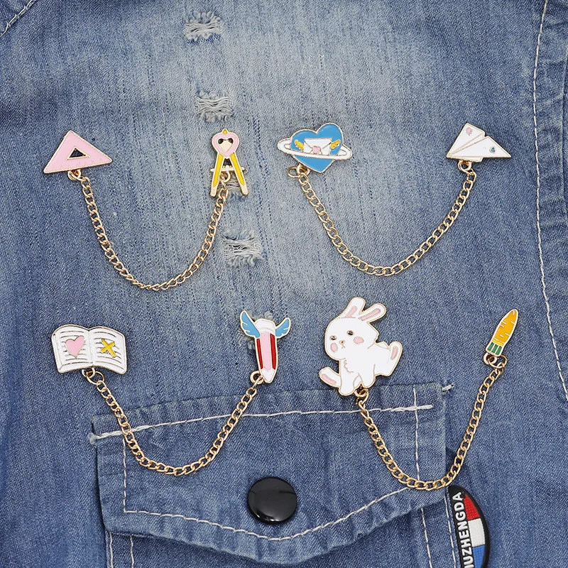 

Cartoon Tassel Brooches Rabbit Carrot Book pencil Triangular ruler Heart mail for Women Men Cute Pin Badges Jewelry