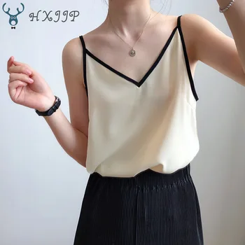 

HXJJP Satin Chiffon Camisole Female Summer Wear V-neck Interior Tie Bottoming Tanks Silk Sleeveless Top