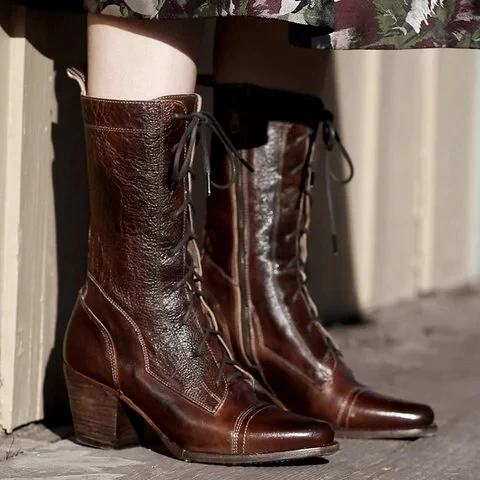 Litthing Lace-up 2019 New Genuine Leather High Boots For Women Autumn Ladies Shoes Woman Color Matching Mid-calf Booties