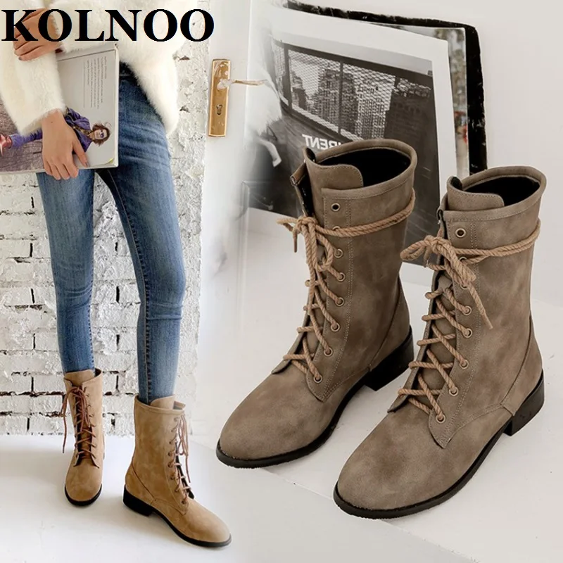 

KOLNOO New Style Womens Low-Heel Ankle Boots Crisscross Lace-Up Vintages Work Retro Short Boots Large Size Fashion Winter Shoes