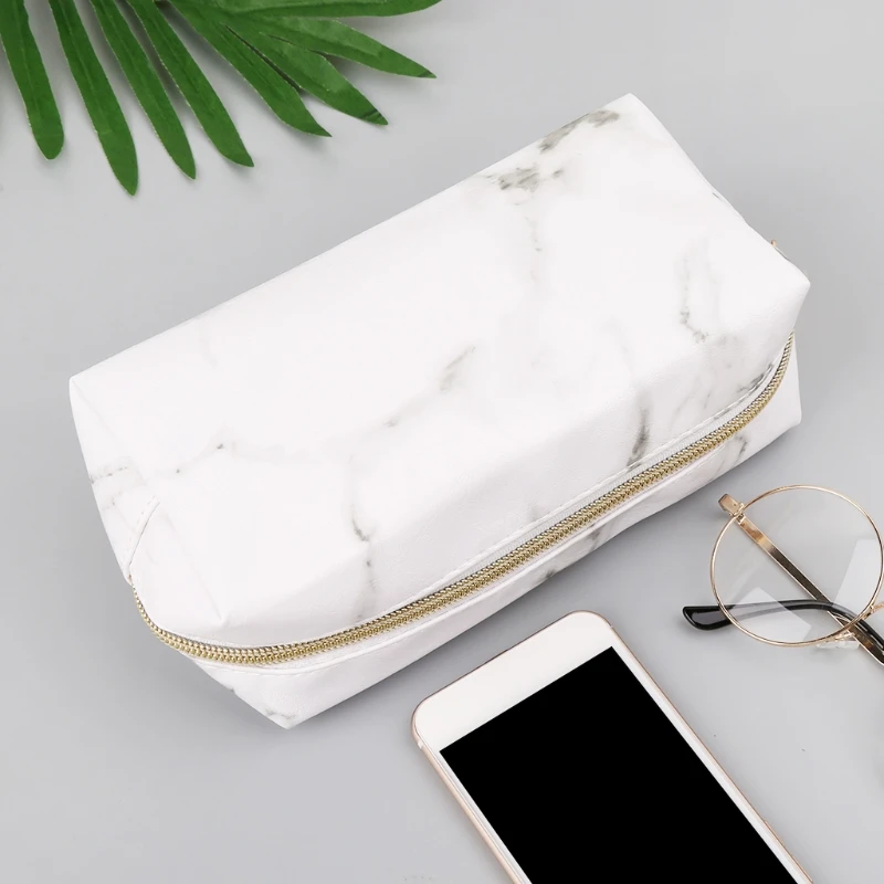 Large Cute Pencil Case Pen Box Zipper Bags Marble Makeup Storage Supplies l29k (White)
