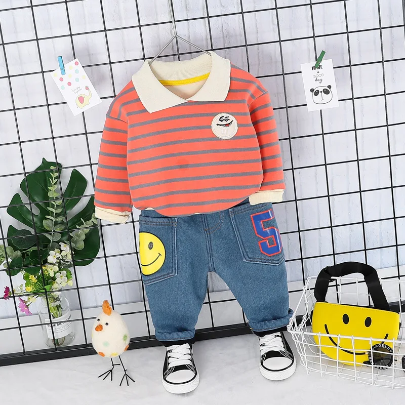 explosion models fashion casual autumn and winter children's lapel striped sweater long sleeve suit plus velvet two-piece