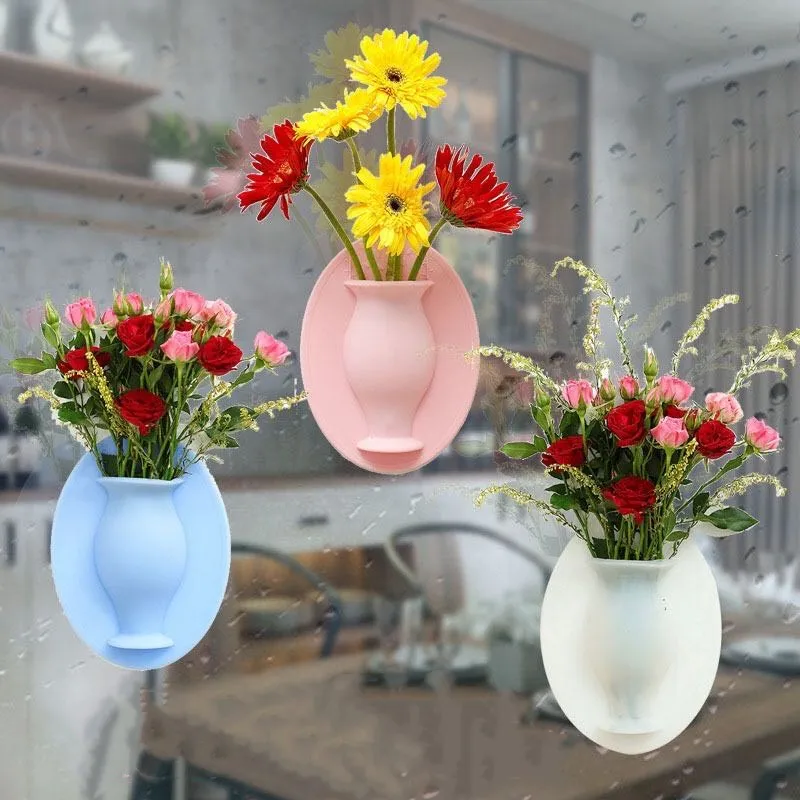 

Wall Hanging Floret Bottle Silicone Vase Container Magic Sticker On Glass Plant Flower Pots Silicone Sticky Container Home Decor