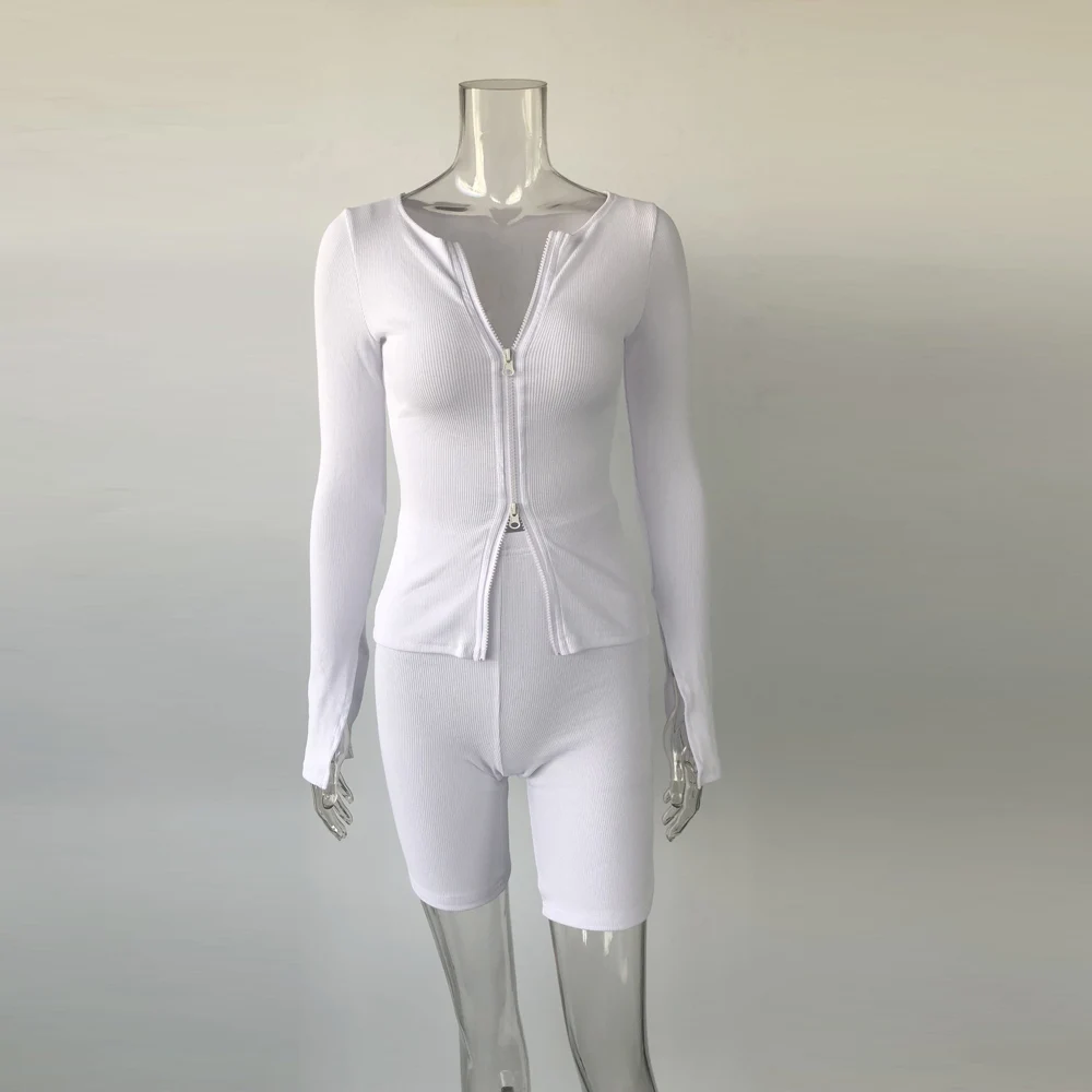 KGFIGU комплекты из двух предметов Модные женские ребристые хлопковые молнии повседневные футболки с длинным рукавом укороченные топы с высокой талией короткие ползунки брюки - Цвет: White