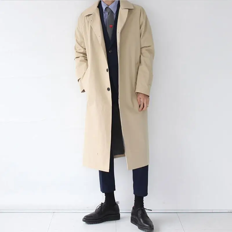 Khaki Mens Trench Coat Fashion Long Windbreaker Autumn Winter Single Breasted Windproof Overcoat Plus Size Japanese Style - Color: Khaki