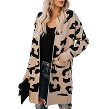 Sweater Girls Long Section Two Pocket Leopard Print Cardigan