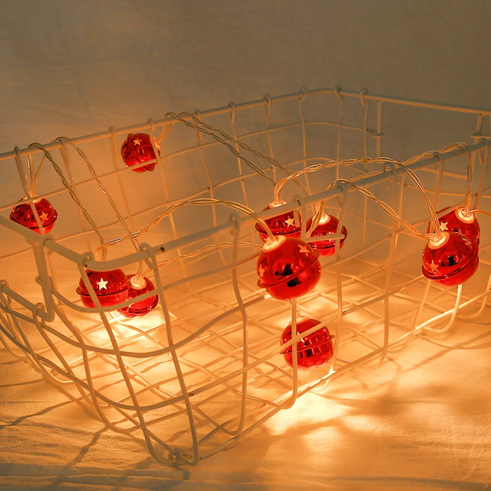 New 10 LED Christmas Red Metal Bell Shape Tree Ornaments Wedding Festival Party Room Decoration Supplies Battery Power