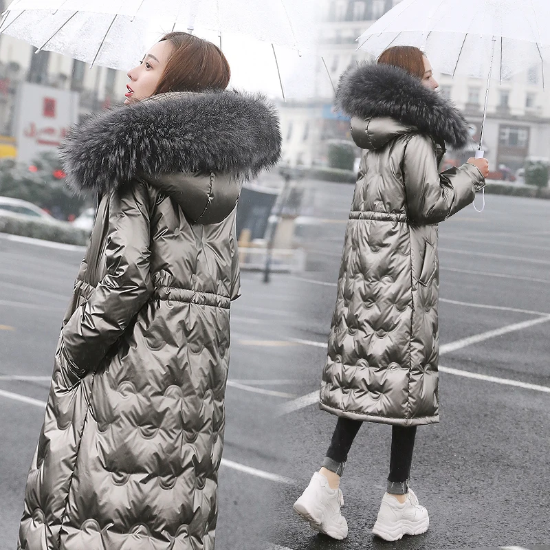  Winter New Down jacket Female jacket Korean Loose Parka coat Keep warm long Big fur collar Glossy W