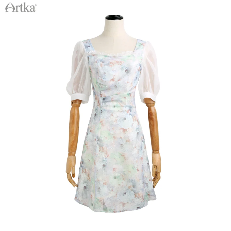 ARTKA 2021 Summer New Women Dress Vintage Square Collar Puff Sleeve Chiffon Dresses High Waist Shirring Slim Midi Dress LA22715X