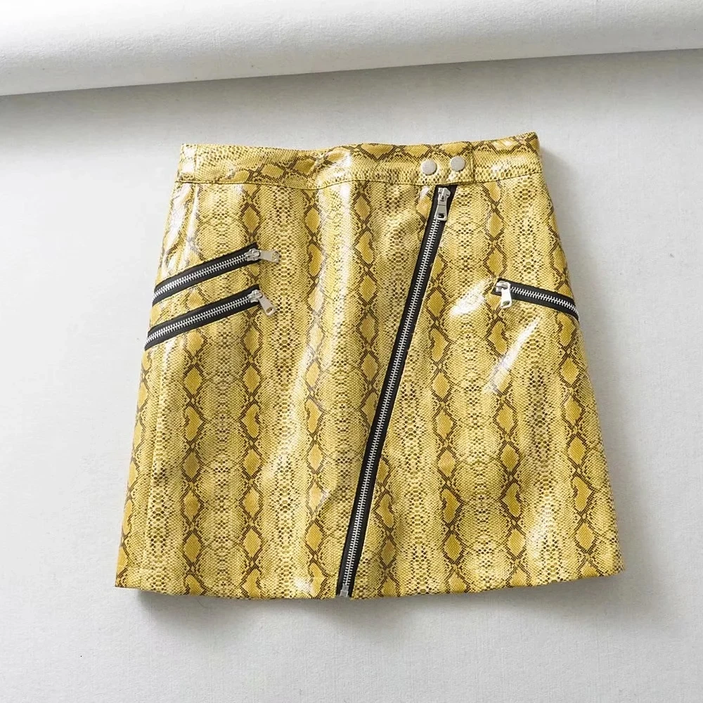 Женские юбки-карандаш из искусственной кожи со змеиным принтом и высокой талией на молнии, мини юбки осень-зима - Цвет: yellow