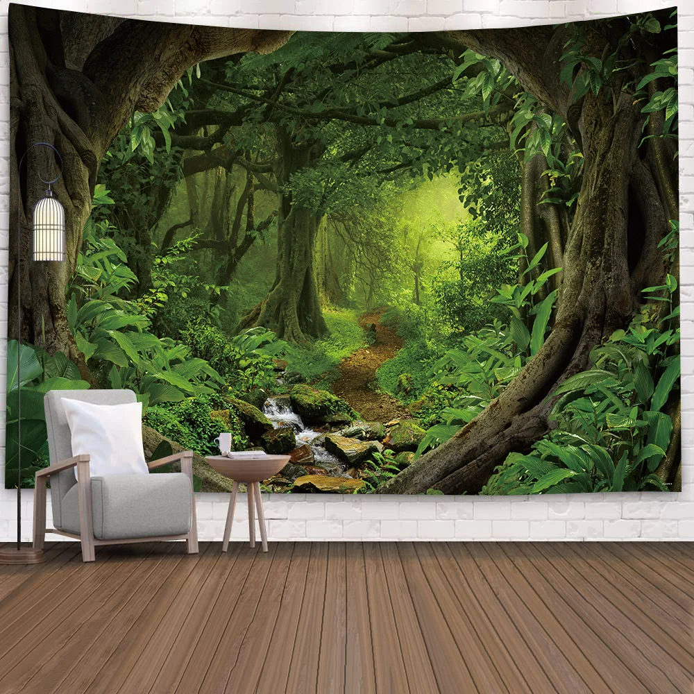 Tapisserie Murale Forêt Mystique – Ciel Bleu & Arbres Verdoyants, XXL 300x180 Cm, Décoration Nature Apaisante Pour Salon Ou Chambre